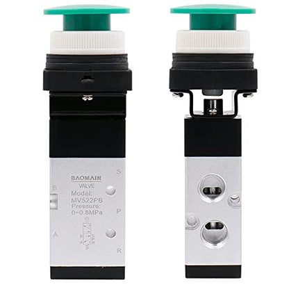Baomain Pneumatic Mechanical Valve MV522PB 1/4"PT 2 Position 5 Way Momentary Green Mushroom Button Manual Control type Mechanical Valve Pneumatic Control Valve - size: Green Mushroom(5-Way)