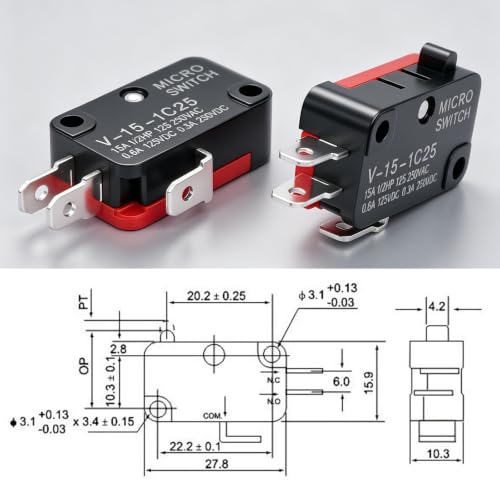 Twidec/6Pcs Snap Action Button Micro Limit Switch 125V/250V 16A SPDT for Microwave Oven Door Arcade V-15-1C25 - style: V-15-1C25