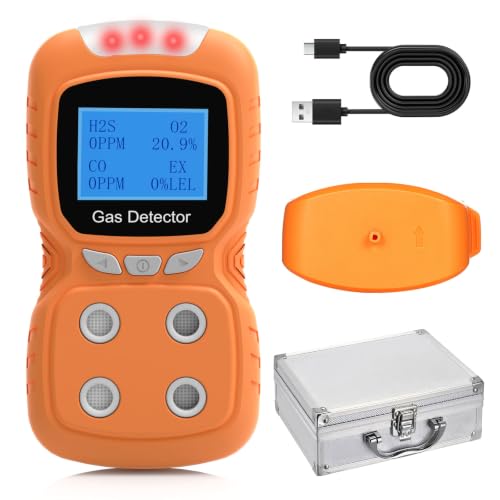 Portable 4 Gas Monitor, Multi Gas Detector for H2S, O2, CO & LEL, Rechargeable Gas Leak Detector with LCD Display, Audible, Visual & Vibration Alarms - color: Orange