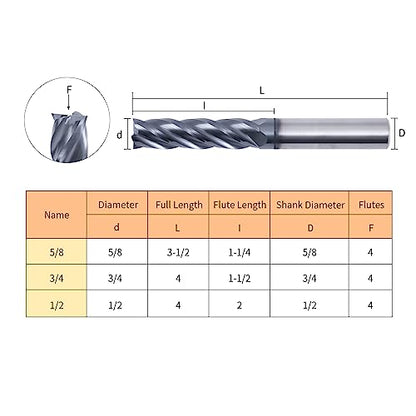 1/2" 4-Flute Square End Mill AlTiN Coated Carbide, 2Pcs - size: 1/2 in
