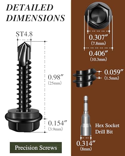 100PCS #10 x 1 Self Drilling Screws, Black Self Tapping Screws for Metal, 410 Stainless Steel Hex Washer Head Sheet Metal Screw, Quick Tapping with 8mm Hex Socket - color: Black, size: #10 x 1"