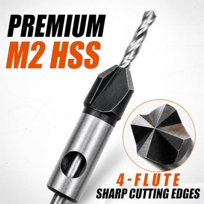 13 PCS Upgraded Adjustable Depth Countersink Drill Bit Set, M2 HSS 4-Flute Wood Chamfer Bits with Quick Adjust Depth Stop, L Wrench & Pilot Bits for Wood, Plastic & DIY Woodworking