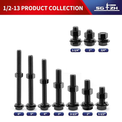 1/2-13 x 1 Hex Head Screw Bolt, Nuts, Flat & Lock Washers, 20Pcs 18-8 (304) Stainless Steel, Fully Threaded, Black Oxide by SG TZH - size: 1/2-13 x 1"