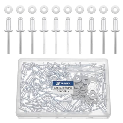 3/16" x 3/8" Silver Aluminum Pop Rivets with Stainless Steel Washers 4.8 x 10mm Blind Rivet Assortment Kit (Pack of 130pcs) - size: 3/16*3/8