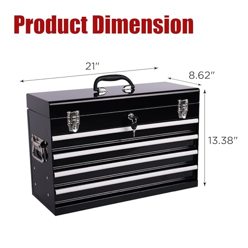 Heavy Duty Metal Tool Box, 21-inch, Portable Metal Tool Box with 4 Drawers, Small Tool Chest with EVA Liners, Ball Bearing Slide Drawers Locking & Powder Coated Finish, Multi-Function Tool Organizer - color: Tool Box-black
