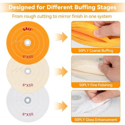 SALI 4 Pack Polishing Wheel for Bench Grinder Buffing Wheel 6 Inch 2 Yellow Cotton 1 White Cotton 1 White Cotton (50 Ply) for Buffer Polisher Pad 1/2'' Arbor Hole - style: Multi
