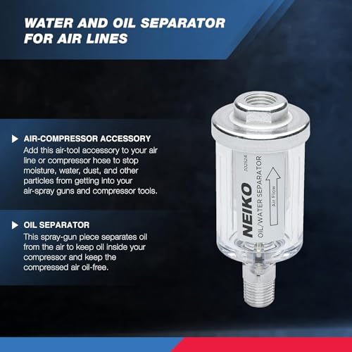 NEIKO 30252A Water and Oil Separator for Air Line | 1/4" NPT Inlet and Outlet | 90 PSI | Air Compressor and Air Tool Accessory | Protect Lifespan of Pneumatic Tools | Water Moisture Filter Dryer - size: 90 PSI