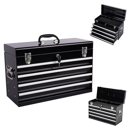Heavy Duty Metal Tool Box, 21-inch, Portable Metal Tool Box with 4 Drawers, Small Tool Chest with EVA Liners, Ball Bearing Slide Drawers Locking & Powder Coated Finish, Multi-Function Tool Organizer - color: Tool Box-black