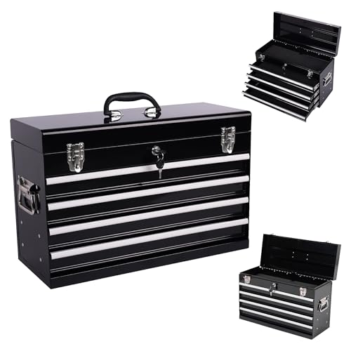 Heavy Duty Metal Tool Box, 21-inch, Portable Metal Tool Box with 4 Drawers, Small Tool Chest with EVA Liners, Ball Bearing Slide Drawers Locking & Powder Coated Finish, Multi-Function Tool Organizer - color: Tool Box-black