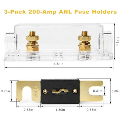 3 PCS 200A ANL Fuse Holder with Fuses, 0/2/4 Gauge AWG Fuses & Holder Block with Screws, Waterproof ANL Fuse Transparent Box Set Universal for Car Audio System - color: 200A