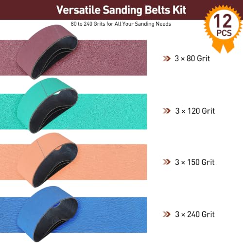 3" x 18" Sanding Belts for Belt Sander, Assorted Grits 12 Pcs (3 Each of 80 120 150 240), Aluminum Oxide Sanding Belts for Woodworking Metal Polishing Knife Sharpening - size: 3" x 18"