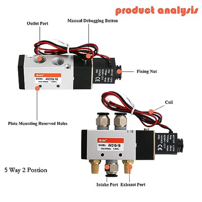 RIH Pneumatics Solenoid Valve 4V310-10 12V/24V/110V Series Single Coil Pilot-Operated Electric 2 Position 5 Way Connection Type (AC110V/Out of line, 3/8"NPT) - size: AC110V/Out of line, style: 3/8"NPT