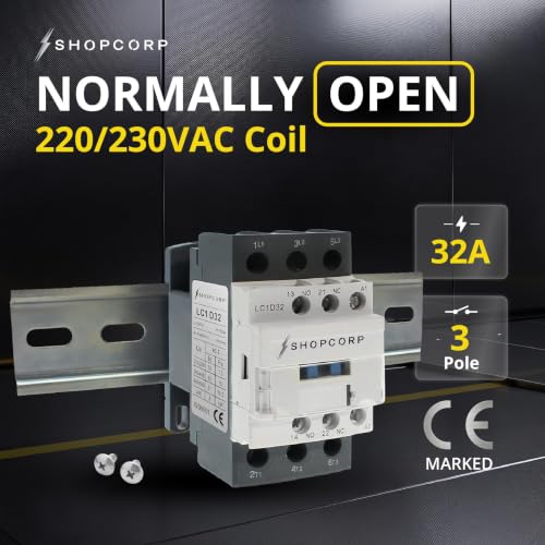 3 pole Contactor 30 Amp Normally Open IEC 660V Switch, Auxiliary 1NO/1NC - 220 / 240VAC Coil Inductive 32A and Resistive 50A, AC Contactor | Includes DIN Rail and Phillips Screws - style: 30A 220V - 1 Pack + Riel