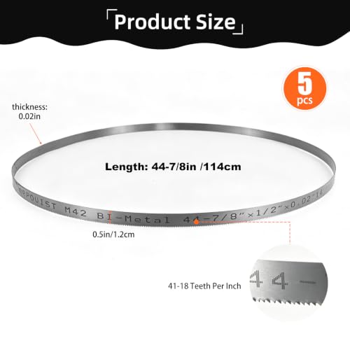 44-7/8 inch Portable Bandsaw Blades 14/18 TPI, Replacement for DeWalt DW3986, Milwaukee 48-39-0561 Portable Band Saw, 44-7/8" x 1/2" x .020" 14/18 TPI, 5 Pack - size: 44-7/8" x 1/2" x .020", 14/18 TPI, 5-Pack