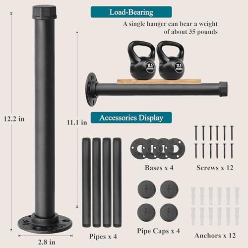 Cast Iron Wall Mounted Clothes Rack, Heavy Duty Industrial Pipe Clothing Rack for Hanging Clothes, Garment Racks for Wardrobe Organizers and Storage, DIY Closet Rods Closet Bar (Black 4 Pack, 12 in) - color: Black 4 Pack, size: 12 in