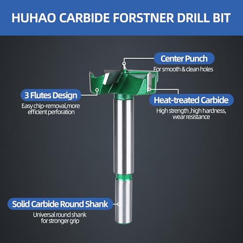 HUHAO 1-9/16" | 40mm Triple Flute Forstner Drill Bit, Tungsten Carbide Upgraded Drilling Hole Saw Woodworking Hinge Cutter Tool Kits for Wood,Plywood,Plastic,MDF - size: 40 mm