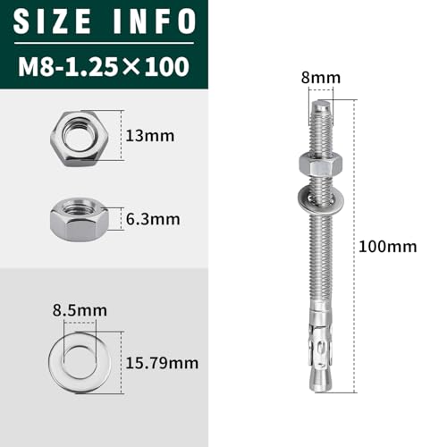10-Pack M8-1.25 x 100 Wedge Anchors, Stainless Steel 304 (18/8), Concrete Anchor for Heavy-Duty Projects - size: M8-1.25 x 100