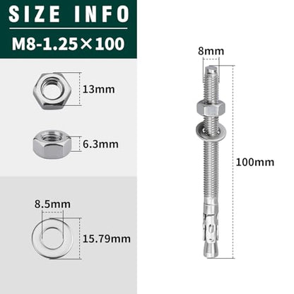 10-Pack M8-1.25 x 100 Wedge Anchors, Stainless Steel 304 (18/8), Concrete Anchor for Heavy-Duty Projects - size: M8-1.25 x 100
