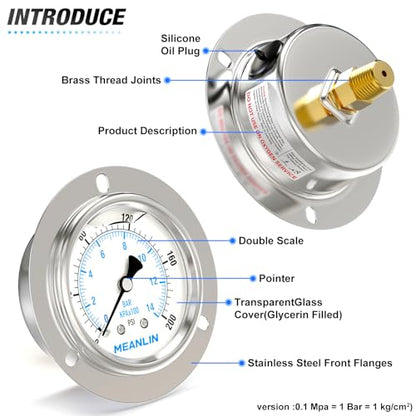 MEANLIN MEASURE 0~200Psi Liquid Filled Pressure Gauge Front Flange Panel Mount, 1/4" NPT 2.5" FACE DIAL Stainless Steel Case with Phillips Screw and Nut, +/-3-2-3% - size: 0-200Psi