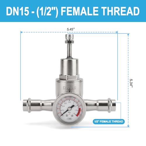 MEANLIN MEASURE 1/2" Press Fit Water Pressure Reducing Valve, DN15, 304 Stainless Steel Adjustable Pressure Regulator with 0-220 PSI Gauge, for Plumbing, Industrial Water Pipe System - size: 0.5 Inch