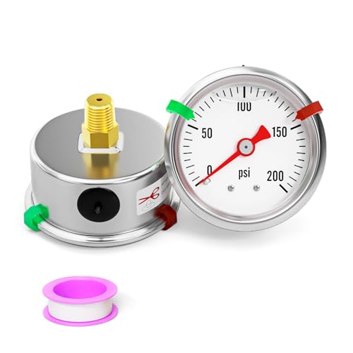 0-200psi Stainless Steel Glycerin Liquid Filled Pressure Gauge 1/8" NPT 1.5" Face Dial, Center Back Mount, for Water, Oil and Air Pressure Testing (with Range Mark Pointer) - size: 0-200Psi