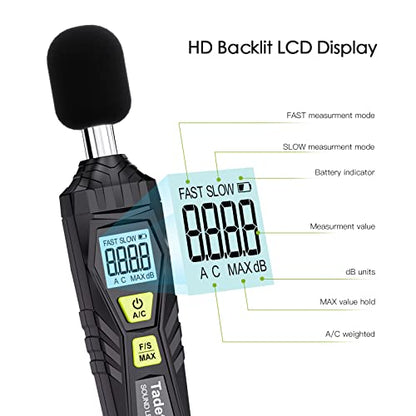 Decibel Meter, Tadeto Digital Sound Level Meter Portable SPL Meter 30dB to 130dB MAX Data Hold with LCD Display Backlight A/C Weighted for Home Factories - color: Black