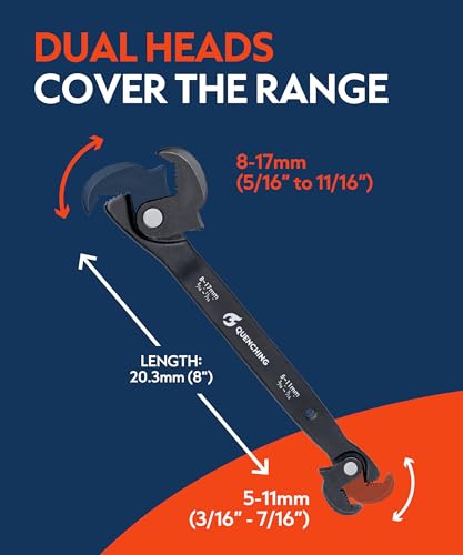 QUENCHING Self-Adjusting Crowfoot Wrench, 5–17mm (3/16”–11/16”), Slim Profile for Tight Spaces, Single Tool Alternative for Tight-Access Fasteners - size: 8" Dual Head Wrench