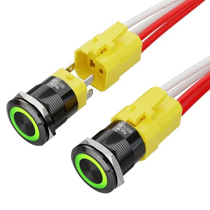 2PCS 22mm 20A Momentary Push Button Switch 12-24V DC with Harness - color: Green-Momentary