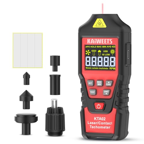 KAIWEETS 2-in-1 Laser & Contact Tachometer with Rechargeable Battery, Photo Sensor 10-99999RPM and Contact 1-19999RPM High Accuracy RPM Meter with Backlight Hold/MAX/MIN/AVG, HI/Low Alarm Function