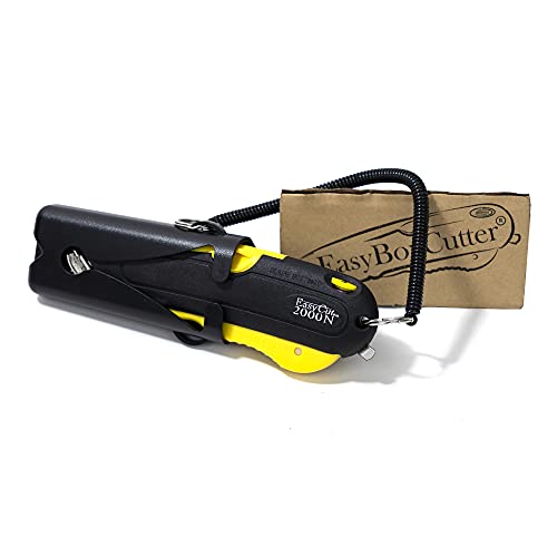 Modern Box Cutter, extra tape cutter at back, dual side edge guide, 3 blade depth setting, 2 blades and holster - Yellow Color 2000 STD