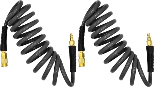 YOTOO Polyurethane Recoil Air Hose 3/8" Inner Diameter by 10' Long with Bend Restrictor, Repairable 1/4" Industrial Quick Coupler and Plug, Gray (Pack of 2) - size: 10 FT (Pack of 2)