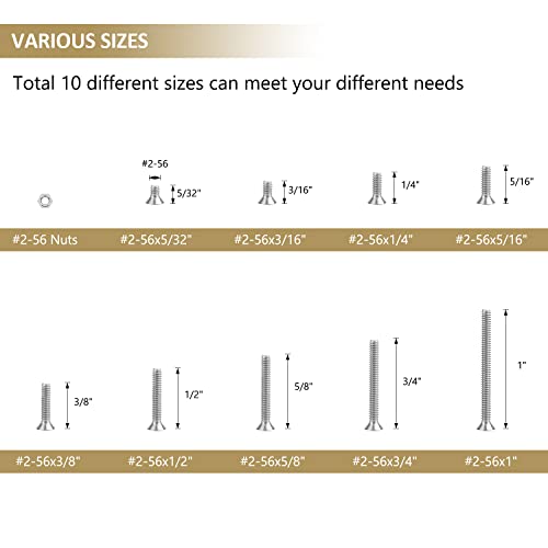 242 Pieces #2-56x 5/32", 3/16", 1/4", 5/16", 3/8", 1/2", 5/8", 3/4", 1", Phillips Countersunk Head Machine Screws Nuts Assortment Kit, 304 Stainless Steel, Fully Machine Thread - size: #2-56