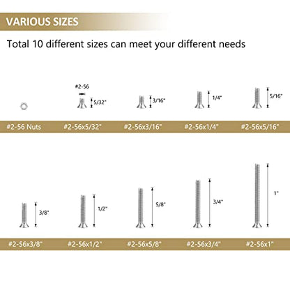242 Pieces #2-56x 5/32", 3/16", 1/4", 5/16", 3/8", 1/2", 5/8", 3/4", 1", Phillips Countersunk Head Machine Screws Nuts Assortment Kit, 304 Stainless Steel, Fully Machine Thread - size: #2-56