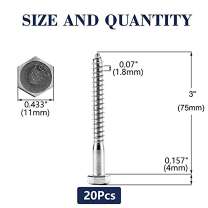 1/4" x 3" Hex Head Lag Screws Bolts 20Pcs 304 Stainless Steel 18-8, Partial Thread, Hexagon Head Wood Screws by SG TZH - size: 1/4-20 x 3"