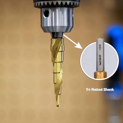NEIKO 10600A Step Drill Bit, 13 Steps 1/8" to 1/2" Spiral High Speed Steel, Titanium Nitride Coated, 1/4" Tri Flat Step Bits for Steel, Metal, Wood, Plastic, Unibit Cone Drill Bits, Two Flute - size: #1 (1/8 - 1/2", 13S), style: Spiral