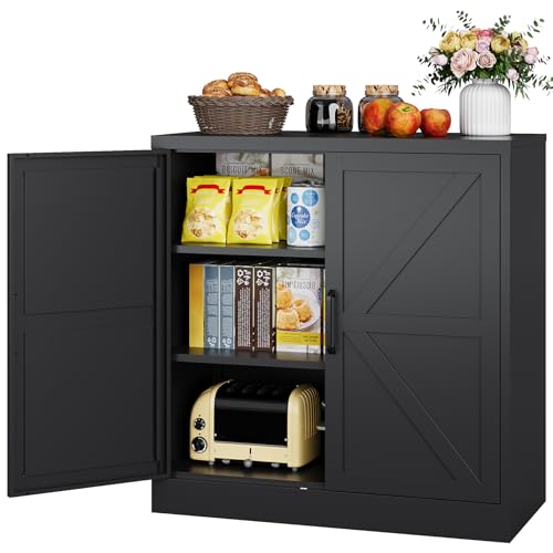 Metal Storage Cabinet with Doors & Adjustable Shelves, 36" Tall Farmhouse Pantry Cabinet, Small Sideboard for Kitchen, Dining, Living & Laundry Room, Black - color: Black, size: 36"H