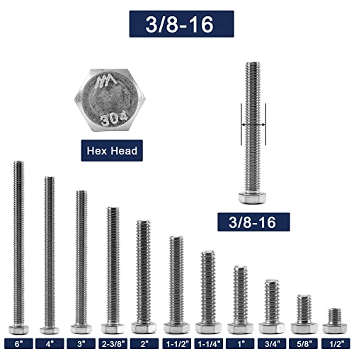 3/8-16 x 1 Hex Head Screw Bolt, 20Pcs 18-8 (304) Stainless Steel, Fully Threaded, Plain Finish, by SG TZH - size: 3/8-16 x 1"
