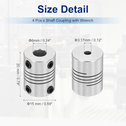 Flexible Shaft Coupling(3.17mm|6mm): 4 Pcs Silver Aluminum Alloy - color: Silver, size: 3.17mm x 6mm (15mm OD, 25mm L)