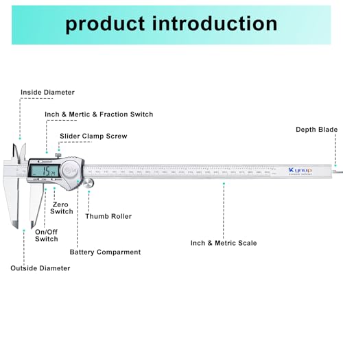 Kynup Digital Caliper Measuring Tool, 12 Inch Stainless Steel Micrometer - color: Silver, size: 300mm