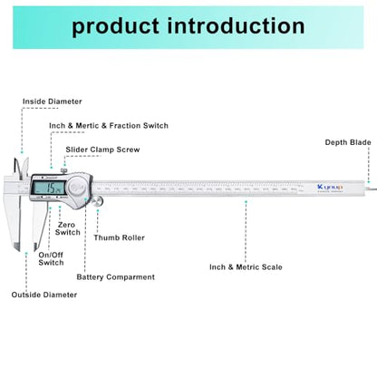 Kynup Digital Caliper Measuring Tool, 12 Inch Stainless Steel Micrometer - color: Silver, size: 300mm