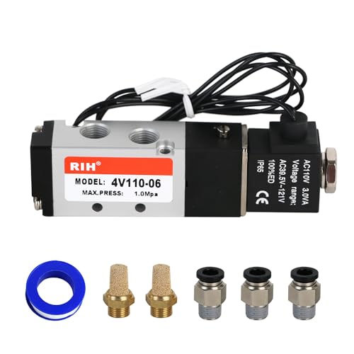 RIH Pneumatics Solenoid Valve 4V110-06 12V/24V/110V Series Single Coil Pilot-Operated Electric 2 Position 5 Way Connection Type (AC110V/Out of line, 1/8"NPT) - size: AC110V/Out of line, style: 1/8"NPT
