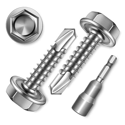 100Pcs #8 x 3/4" Sheet Metal Screws, 410 Stainless Steel Self Drilling Hex Washer Head Self Tapping Screws for Metal with Drill Bit - color: Silver, size: #8 x 3/4"