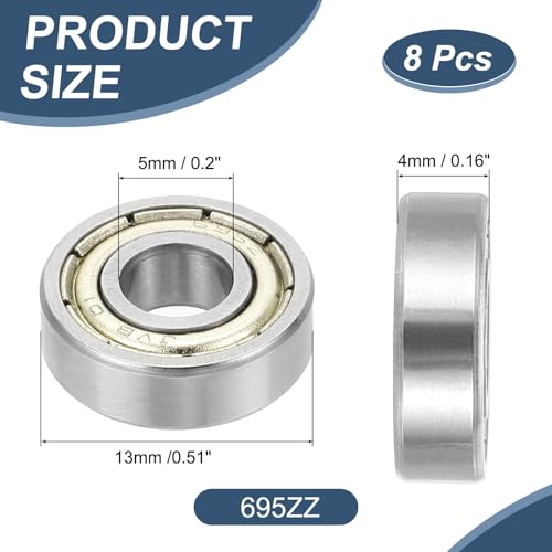 uxcell 8 Pack 695ZZ Deep Groove Ball Bearings, 5x13x4mm Chrome Steel Double Shield Bearing for Electric Motor, Home Appliances, Garden Machinery, (ABEC5) - size: 695ZZ