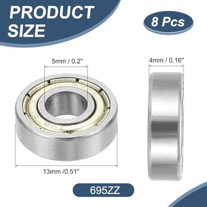 uxcell 8 Pack 695ZZ Deep Groove Ball Bearings, 5x13x4mm Chrome Steel Double Shield Bearing for Electric Motor, Home Appliances, Garden Machinery, (ABEC5) - size: 695ZZ