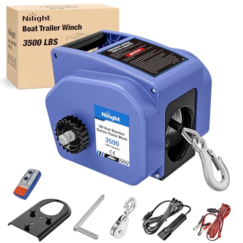 Nilight Boat Trailer Winch 3500 lbs Portable Electric Boat Winches 12 V DC Marine Winch with Steel Cable Remote Control & Hand Crank Power-in Freewheel Operat Waterproof Winch for Boat Trailer, Blue - color: Blue, size: Steel Cable