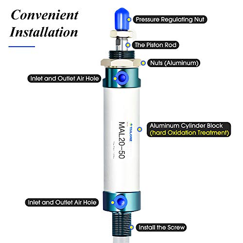 TAILONZ PNEUMATIC 20mm Bore 50mm Stroke Air Cylinder Double Action with Y Connector and 2Pcs 6mm Fitting MAL20x50 - size: 20mm Bore 50mm Stroke