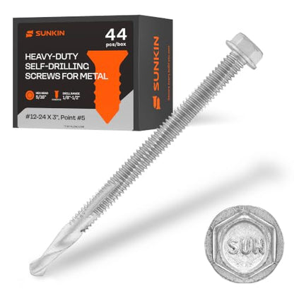SUNKIN 44PCs Self Tapping Screws for Metal, Hex Head #12 x 3 Inch, Self Drilling for Thick Steel, Less Effort Installation, Long Lasting Anti Rust Coating - size: #12 x 3 inch(44pcs)
