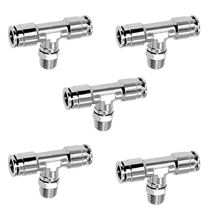 Beduan Push to Connect Tube Fitting Union Tee, Copper Nickle-Plated 1/4" Tube OD x 1/8" NPT Male Thread Shaped Union Adapter Fitting (Pack of 5) - size: 1/4"OD x 1/8"NPT