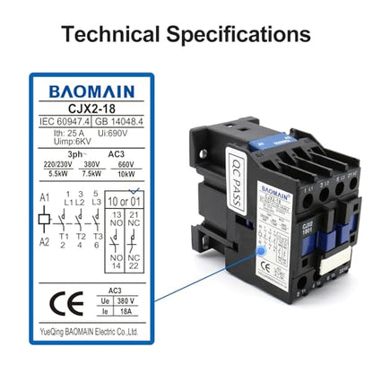 Baomain 3-Pole AC Contactor CJX2-1801 24VAC Coil, 3NO+1NC Auxiliary, 660V 3-Phase, DIN Rail Mount,for Motor Starters, Pumps, and Industrial Control Panels - style: AC 24V