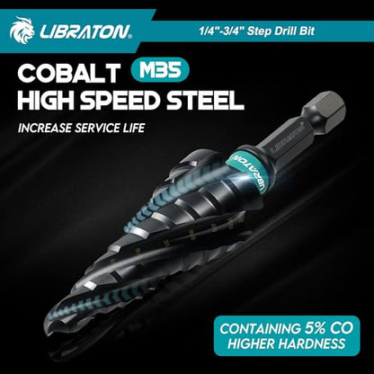 LIBRATON Four Spiral Flute Step Drill Bit Set 1/4"-3/4", M35 Step Bits - style: 1/4'' -3/4''